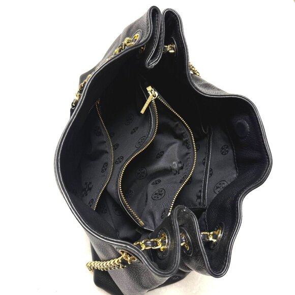 Tory Burch Thea Chain Slouchy Shoulder Bag $495 black/gold logo tassels divided - Picture 11 of 14